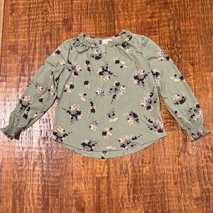 Melloday Sage Green Floral Long Sleeve Blouse | Ruffle Neck | Size M